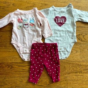 Carter's Baby Girl Pink & Deep Red Animals & Polka Dot 3 Piece Set Size 3 months